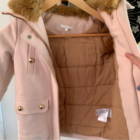 Chloé Virgin Wool Baby Pink Faux Fur Hooded Coat Girls Insulated Gold Chloe Cute - Picture 6 of 15